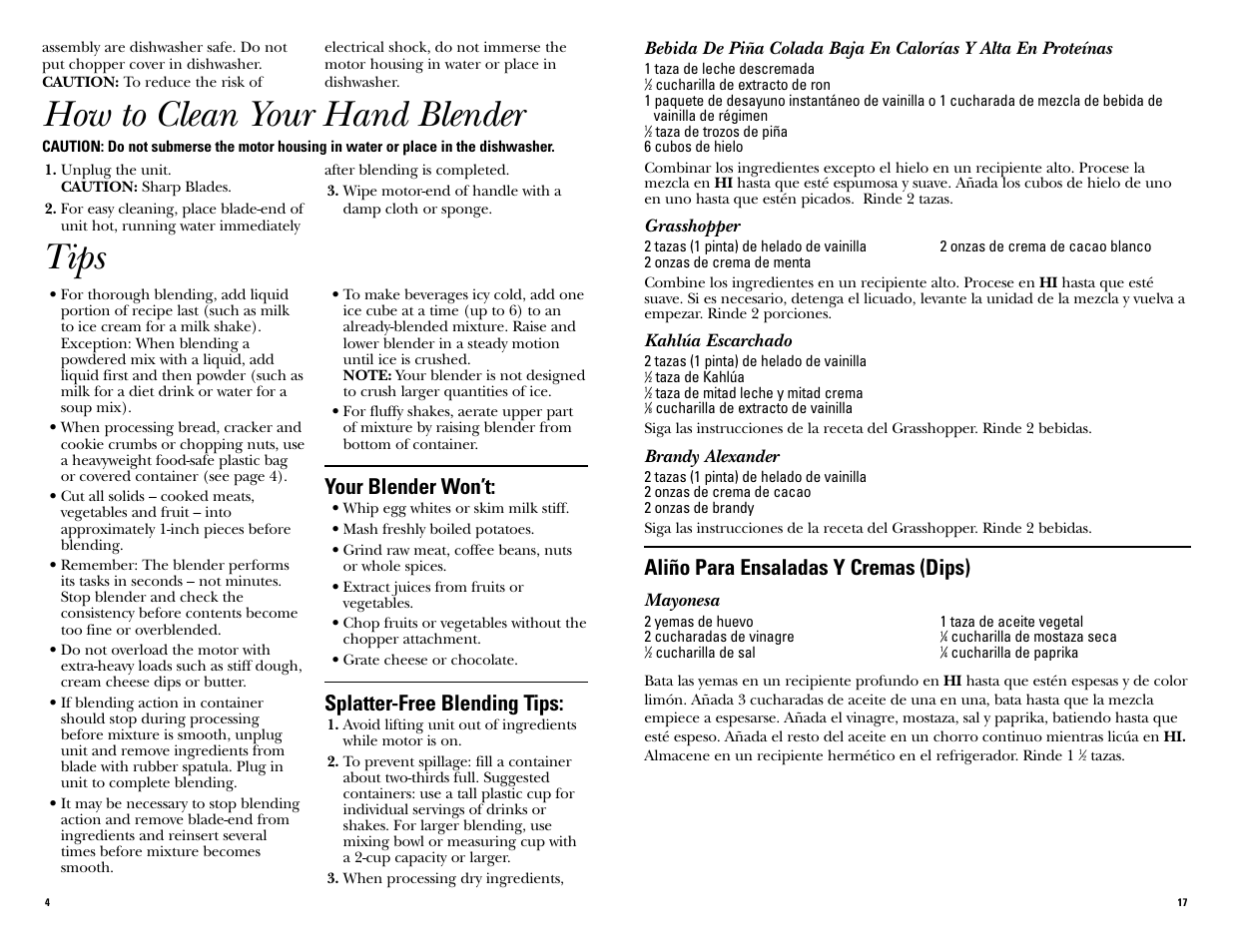 How to clean your hand blender, Tips, Aliño para ensaladas y cremas (dips) | Your blender won’t, Splatter-free blending tips | GE 681131067577 User Manual | Page 4 / 20