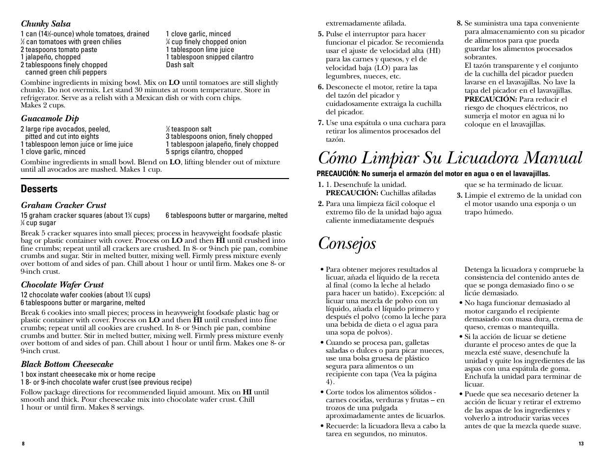 Cómo limpiar su licuadora manual, Consejos, Desserts | GE 681131067577 User Manual | Page 8 / 20