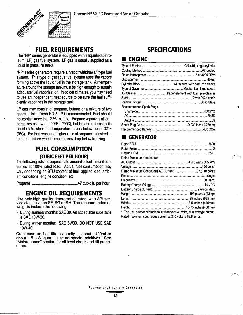 Fuel requirements, Fuel consumption, Engine oil requirements | Specifications | GE A-6451 User Manual | Page 12 / 32
