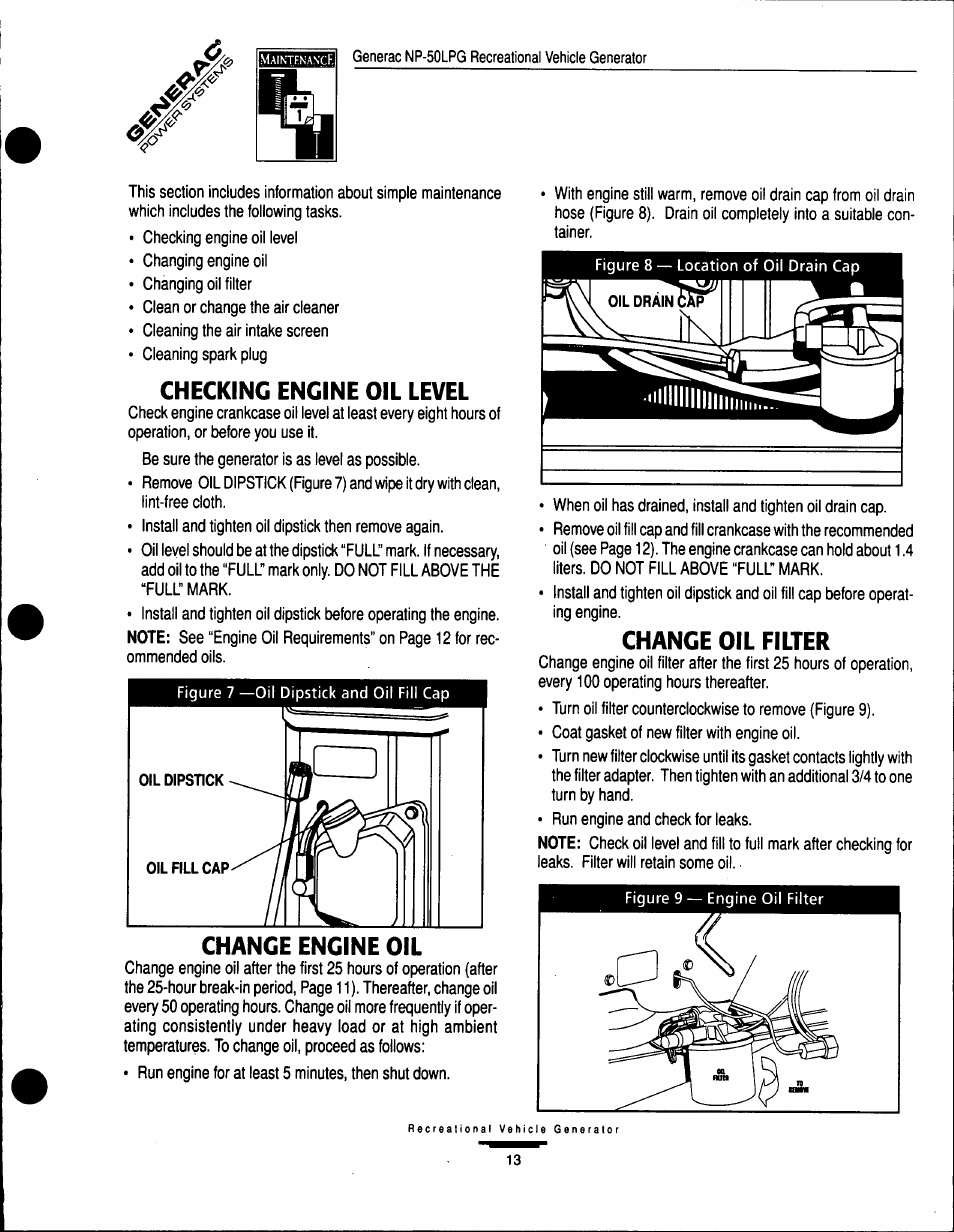 Checking engine oil level, Change engine oil, Change oil filter | GE A-6451 User Manual | Page 13 / 32