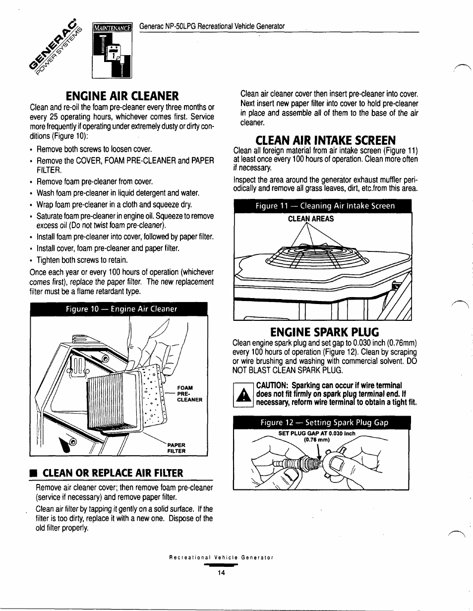 Engine air cleaner, Clean air intake screen, Engine spark plug | GE A-6451 User Manual | Page 14 / 32