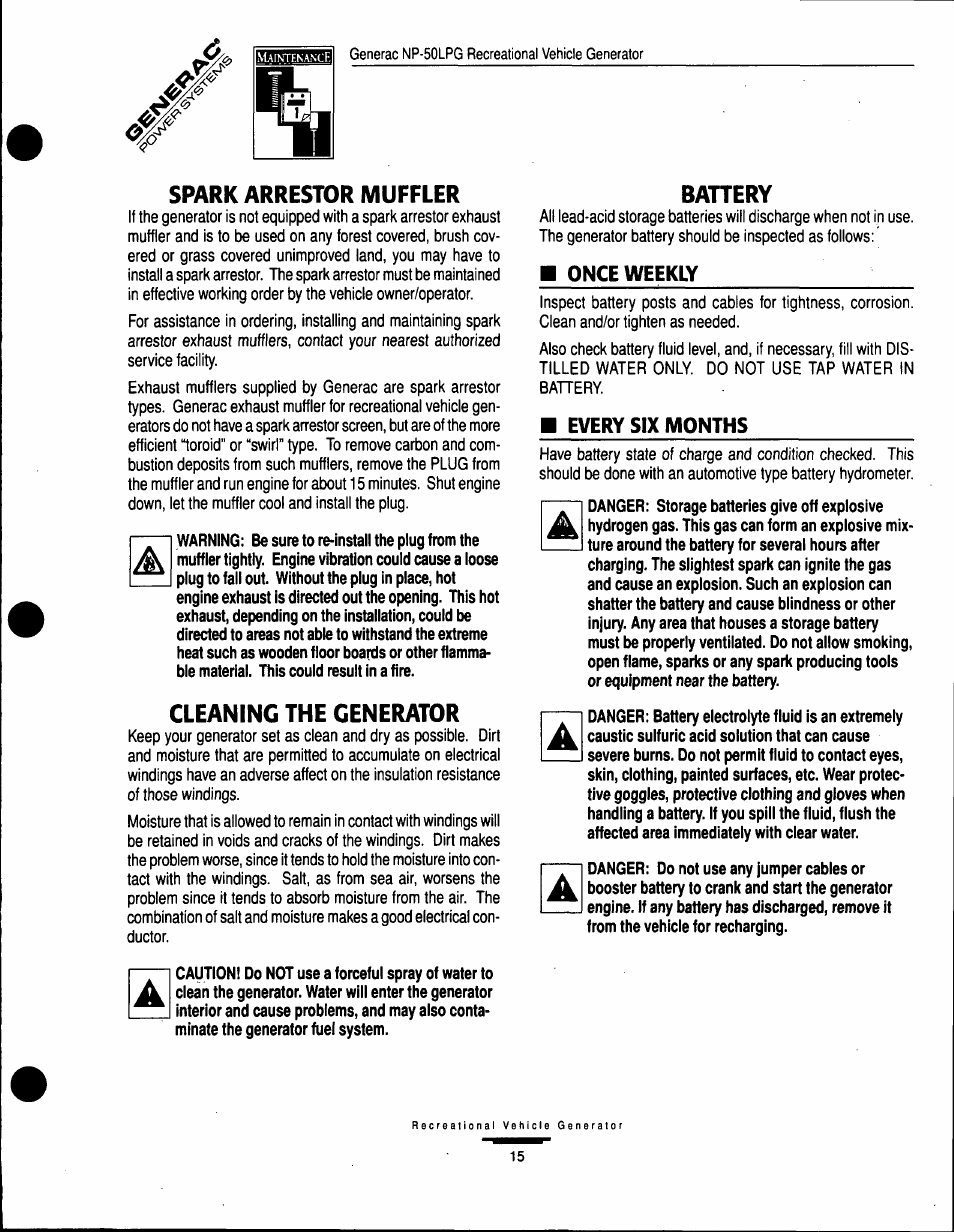 Spark arrestor muffler, Cleaning the generator, Bahery | GE A-6451 User Manual | Page 15 / 32