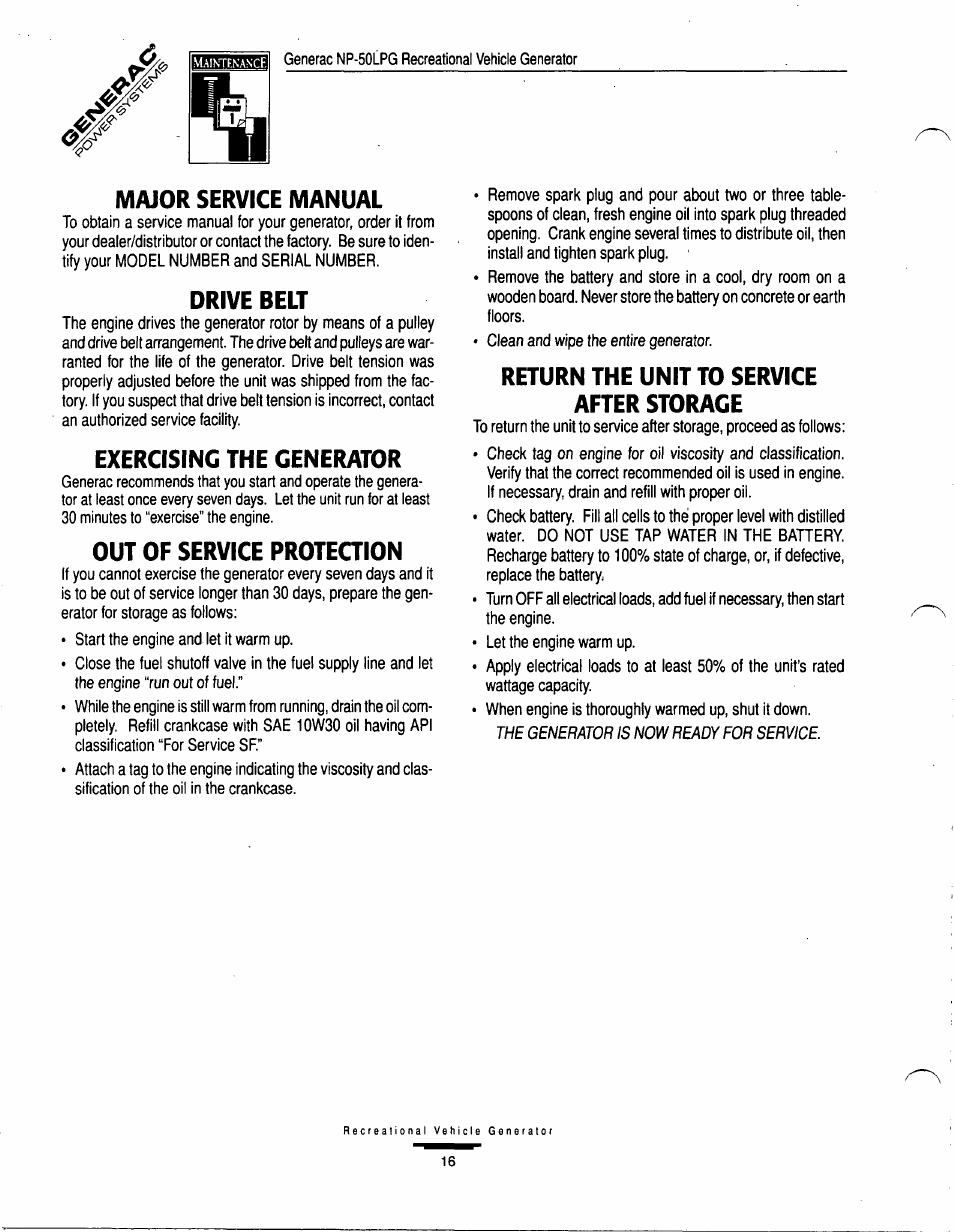 Major service manual, Drive belt, Exercising the generator | Out of service proteqion, The generator is now ready for service | GE A-6451 User Manual | Page 16 / 32