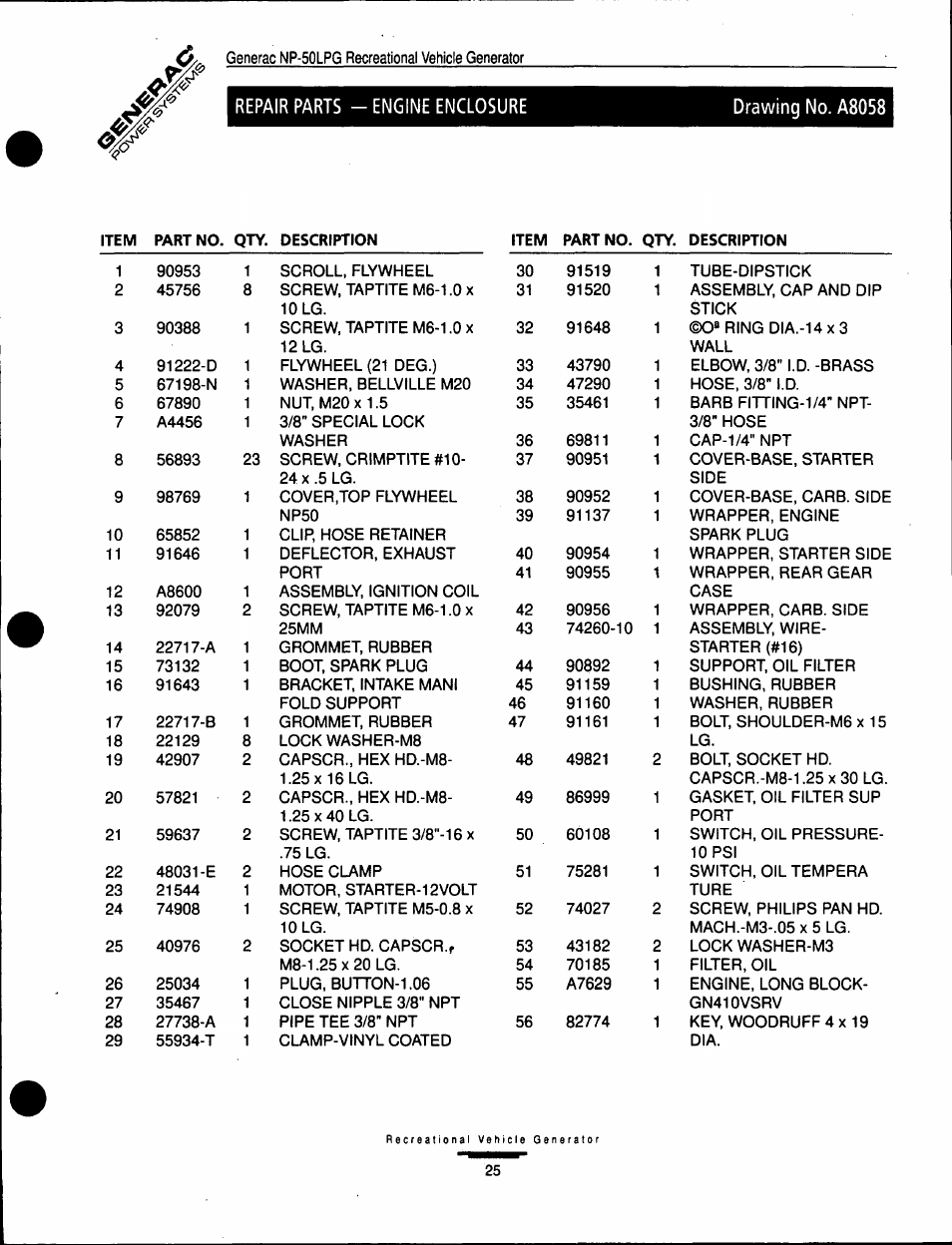 Repair parts - engine enclosure, Drawing no. a8058, Repair parts - engine enclosure drawing no. a8058 | GE A-6451 User Manual | Page 25 / 32