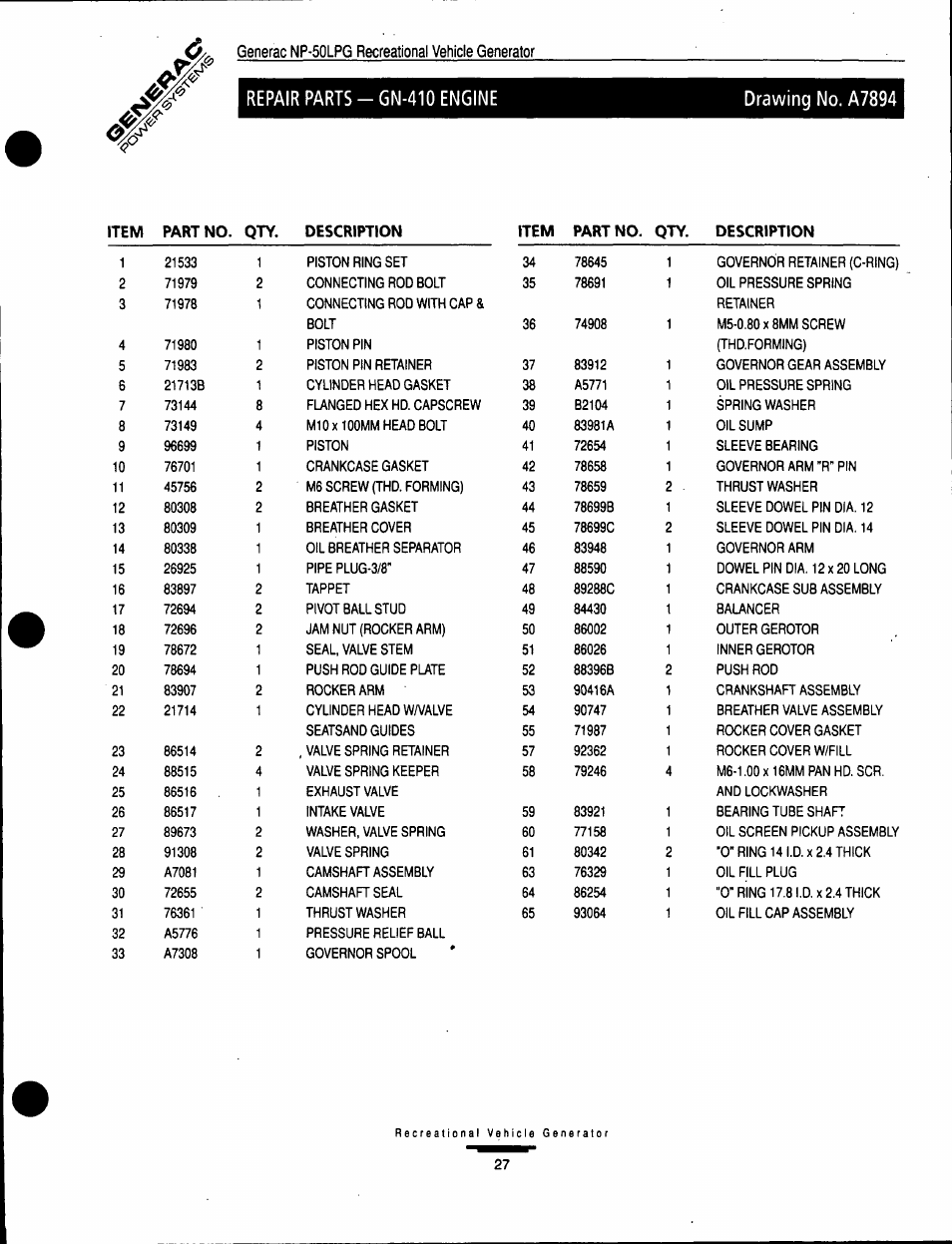 Repair parts-gn-410 engine, Drawing no. a7894 | GE A-6451 User Manual | Page 27 / 32