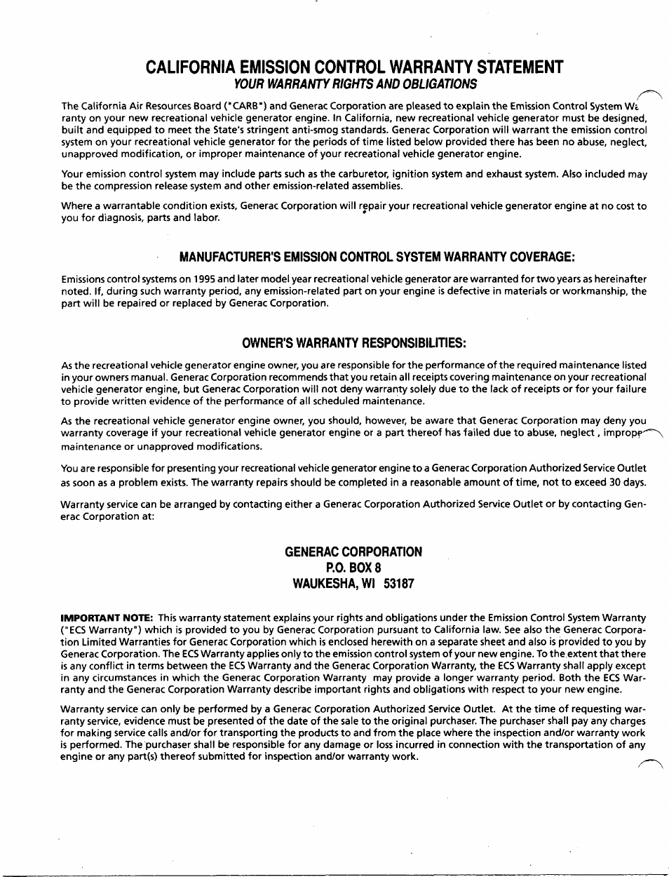 California emission control warranty statement | GE A-6451 User Manual | Page 30 / 32