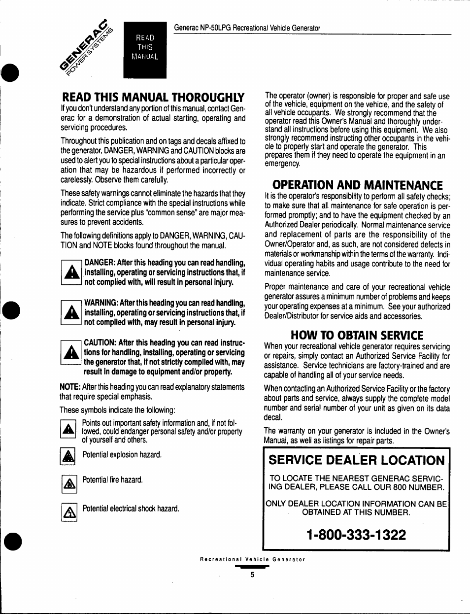 Service dealer location, This, Read this manual thoroughly | Operation and maintenance, How to obtain service | GE A-6451 User Manual | Page 5 / 32