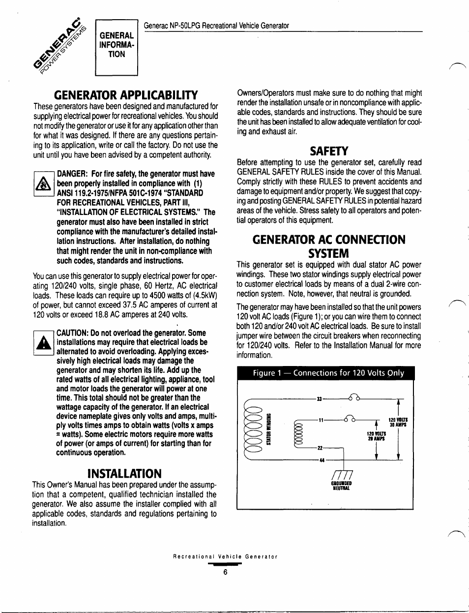 Generator applicability, Installation, Safety | Generator ac conneqion system | GE A-6451 User Manual | Page 6 / 32