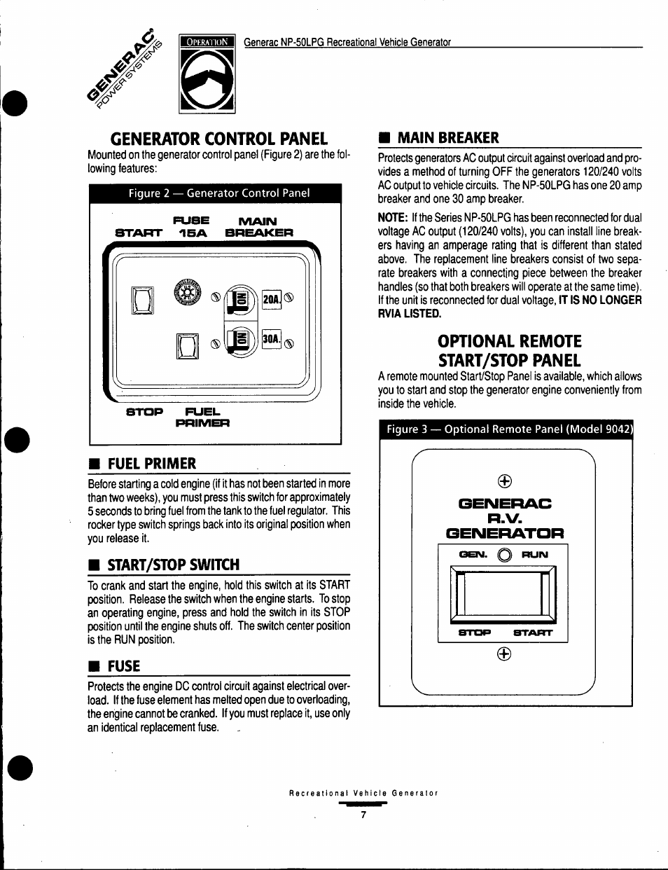 Geimei r.v, Generator control panel, Optional remote start/stop panel | GE A-6451 User Manual | Page 7 / 32