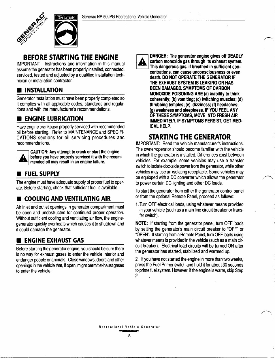 Before starting the engine, Starting the generator | GE A-6451 User Manual | Page 8 / 32
