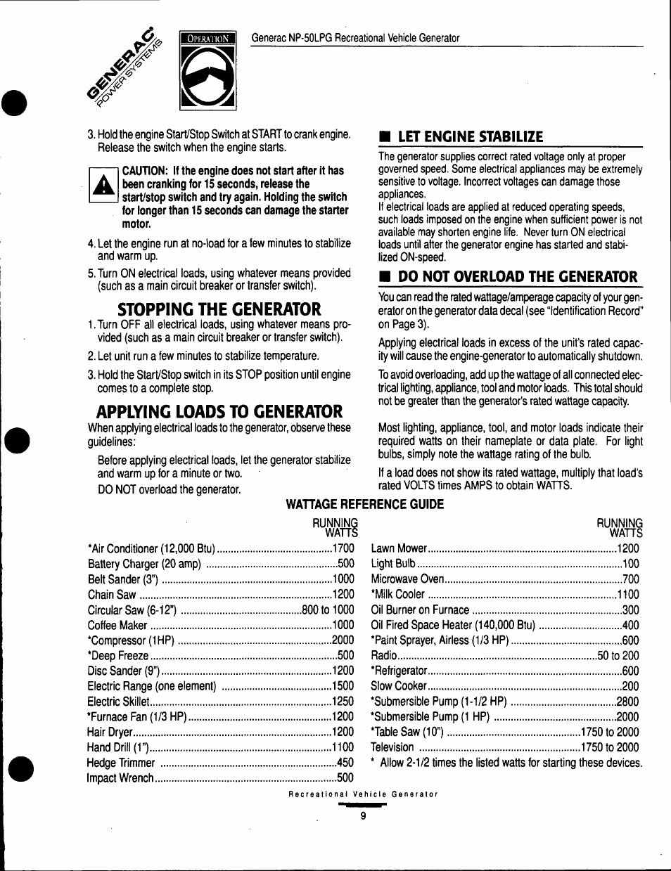 Stopping the generator, Applying loads to generator | GE A-6451 User Manual | Page 9 / 32
