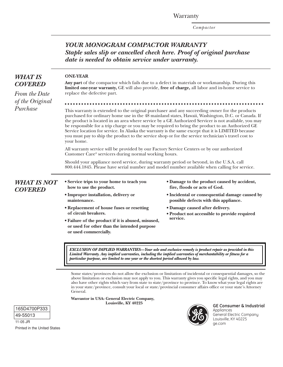 Warranty, Warranty ..................... back cover | GE ZCG3300 User Manual | Page 12 / 12