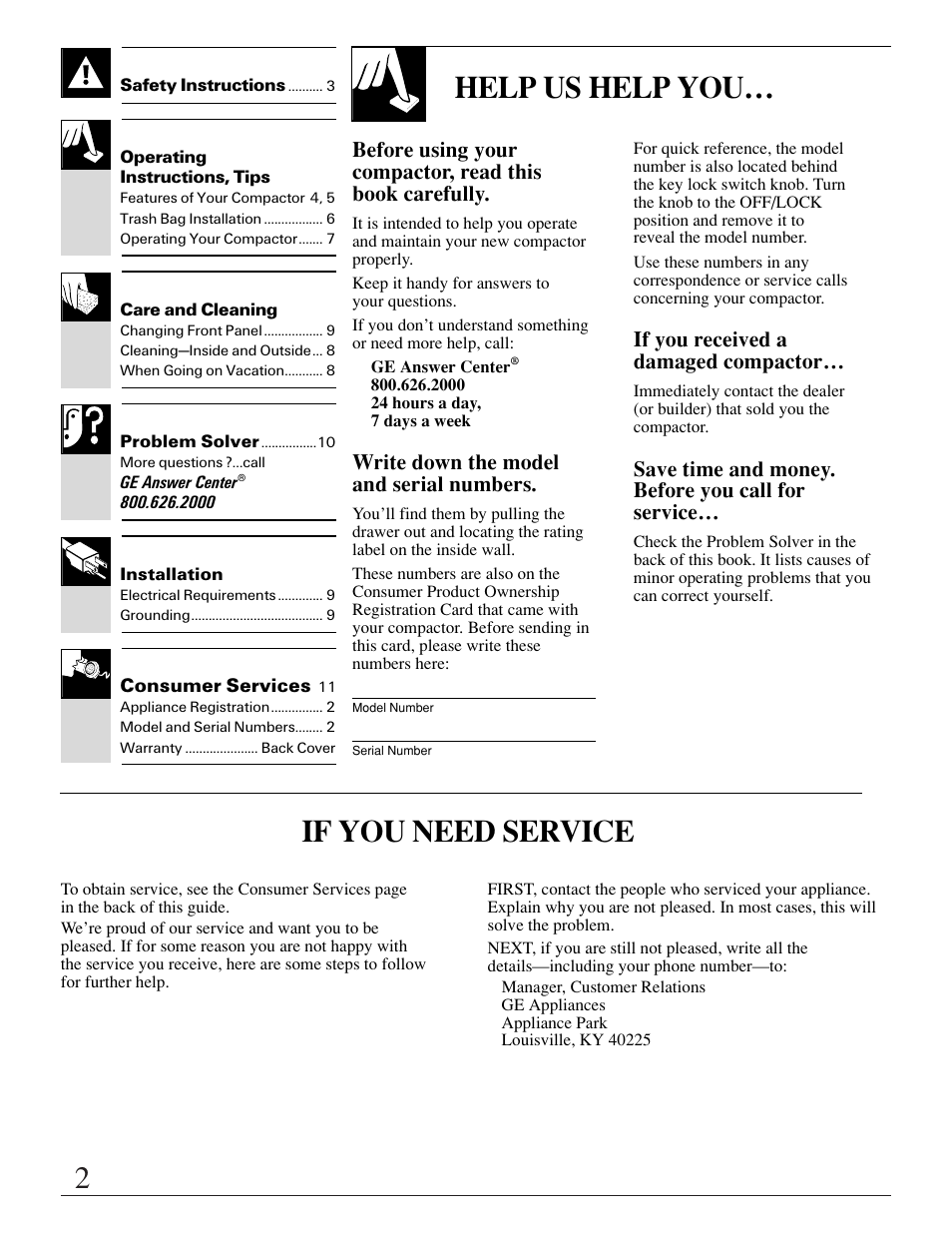 Operating instructions, tips, Care and cleaning, Installation | Appliance registration, Model and serial numbers, 2help us help you, If you need service, Write down the model and serial numbers, If you received a damaged compactor, Save time and money. before you call for service | GE ZCG3300 User Manual | Page 2 / 12