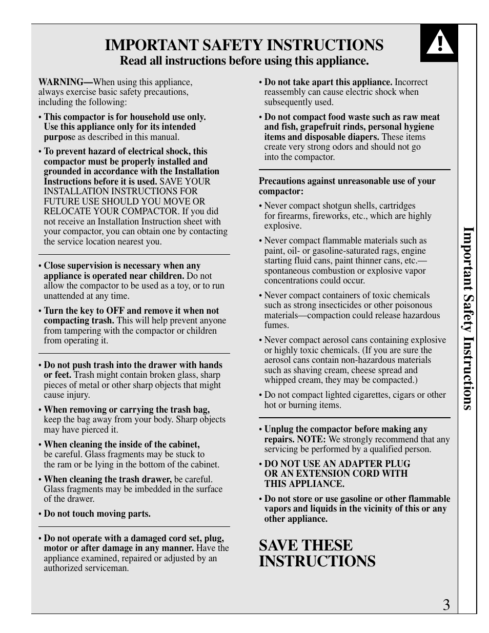 Safety instructions, Save these instructions 3, Important safety instructions | Read all instructions before using this appliance | GE ZCG3300 User Manual | Page 3 / 12