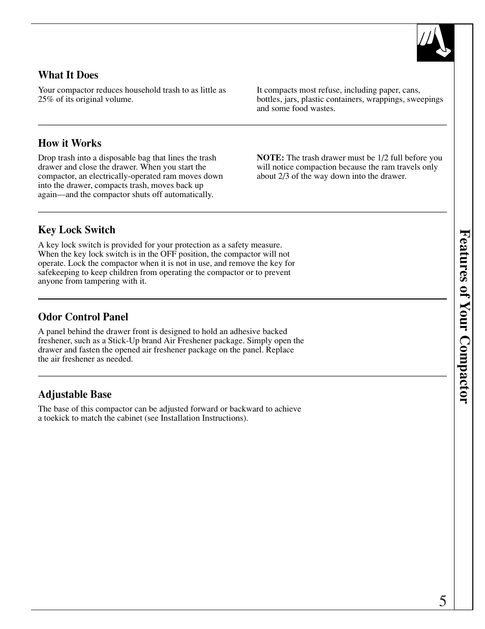 Featur es of y our compactor | GE ZCG3300 User Manual | Page 5 / 12