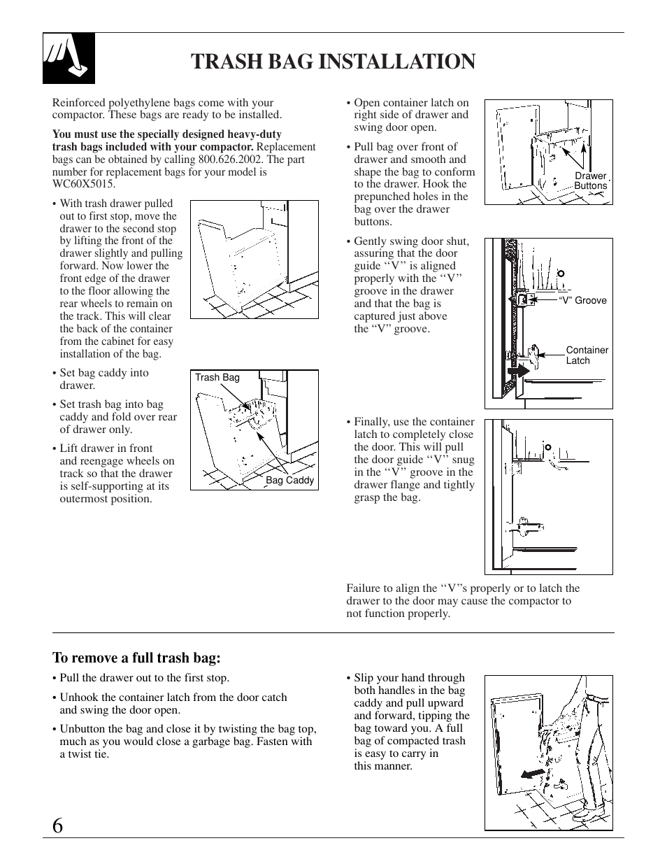 Trash bag installation | GE ZCG3300 User Manual | Page 6 / 12