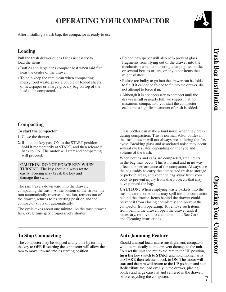 Operating your compactor, Trash bag installation operating y our compactor | GE ZCG3300 User Manual | Page 7 / 12