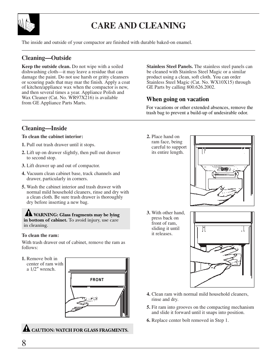 Cleaning—inside and outside, When going on vacation, 8care and cleaning | GE ZCG3300 User Manual | Page 8 / 12