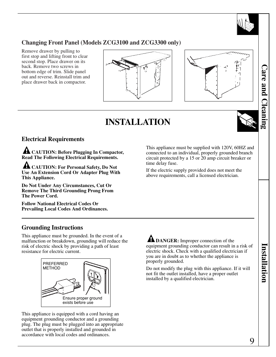 Changing front panel, Electrical requirements, Grounding | Installation, Car e and cleaning installation | GE ZCG3300 User Manual | Page 9 / 12