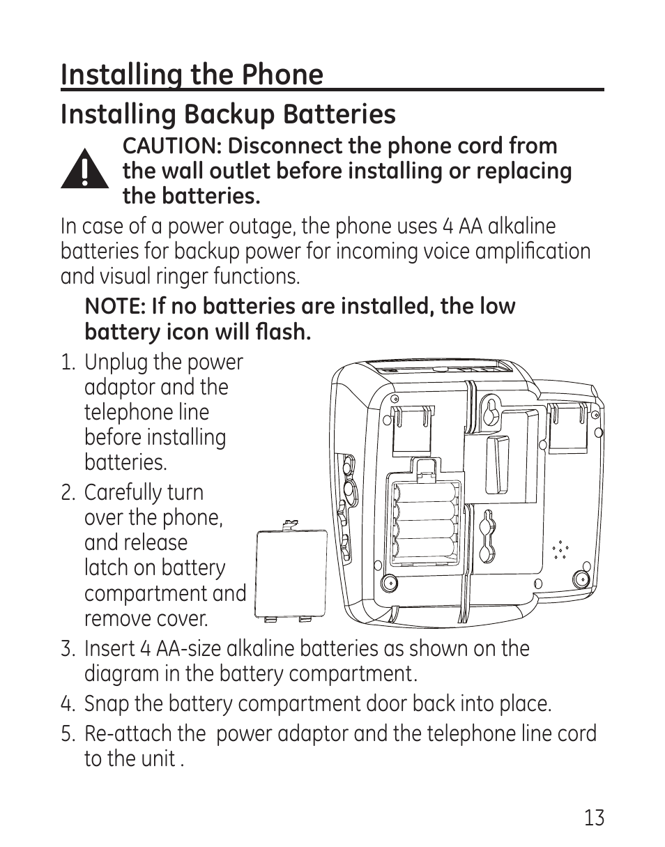 Installing the phone, Installing backup batteries | GE 9579 User Manual | Page 13 / 96