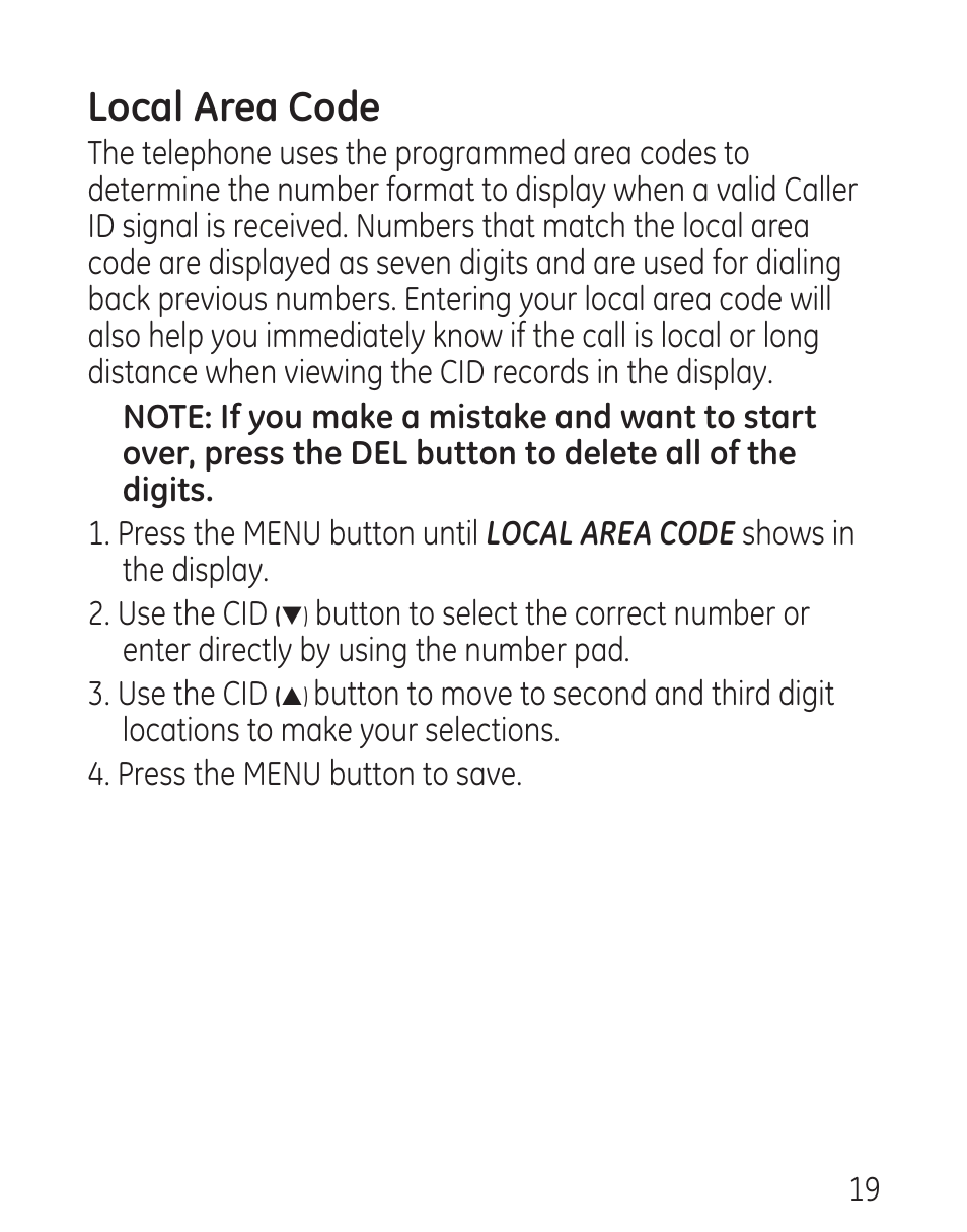 Local area code | GE 9579 User Manual | Page 19 / 96