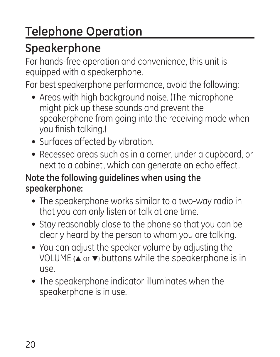 Telephone operation, Speakerphone | GE 9579 User Manual | Page 20 / 96