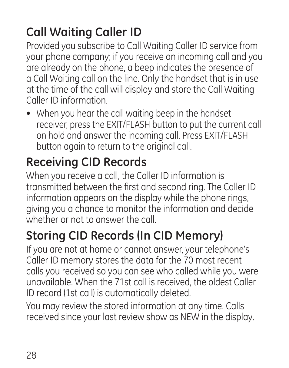Call waiting caller id, Receiving cid records | GE 9579 User Manual | Page 28 / 96