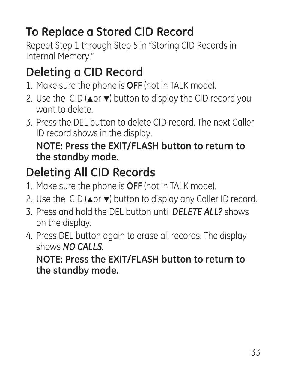 Deleting a cid record, Deleting all cid records | GE 9579 User Manual | Page 33 / 96