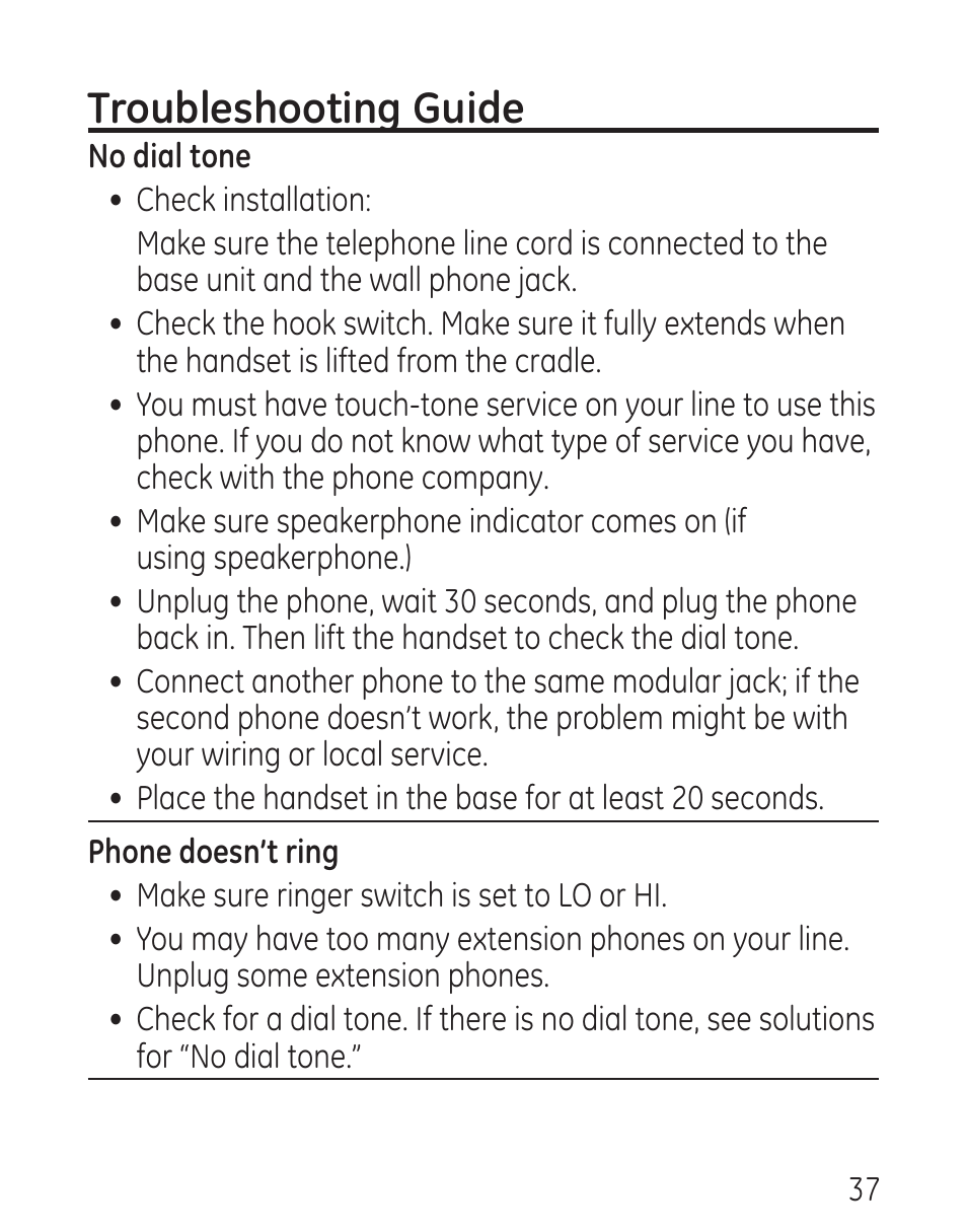 Troubleshooting guide | GE 9579 User Manual | Page 37 / 96