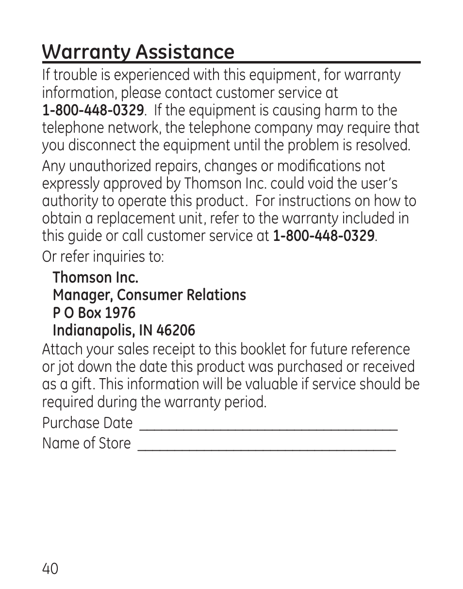 Warranty assistance | GE 9579 User Manual | Page 40 / 96