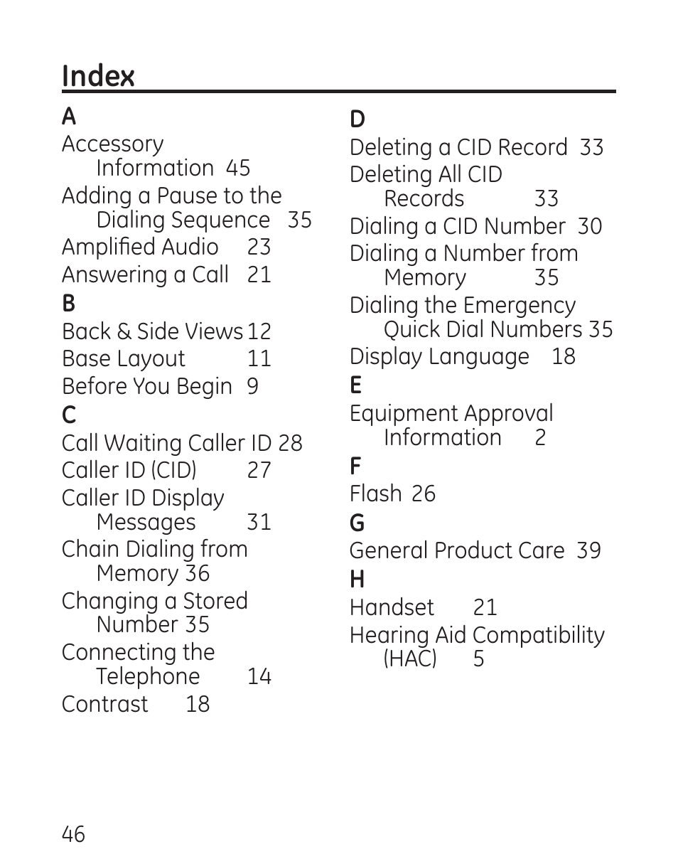 Index | GE 9579 User Manual | Page 46 / 96