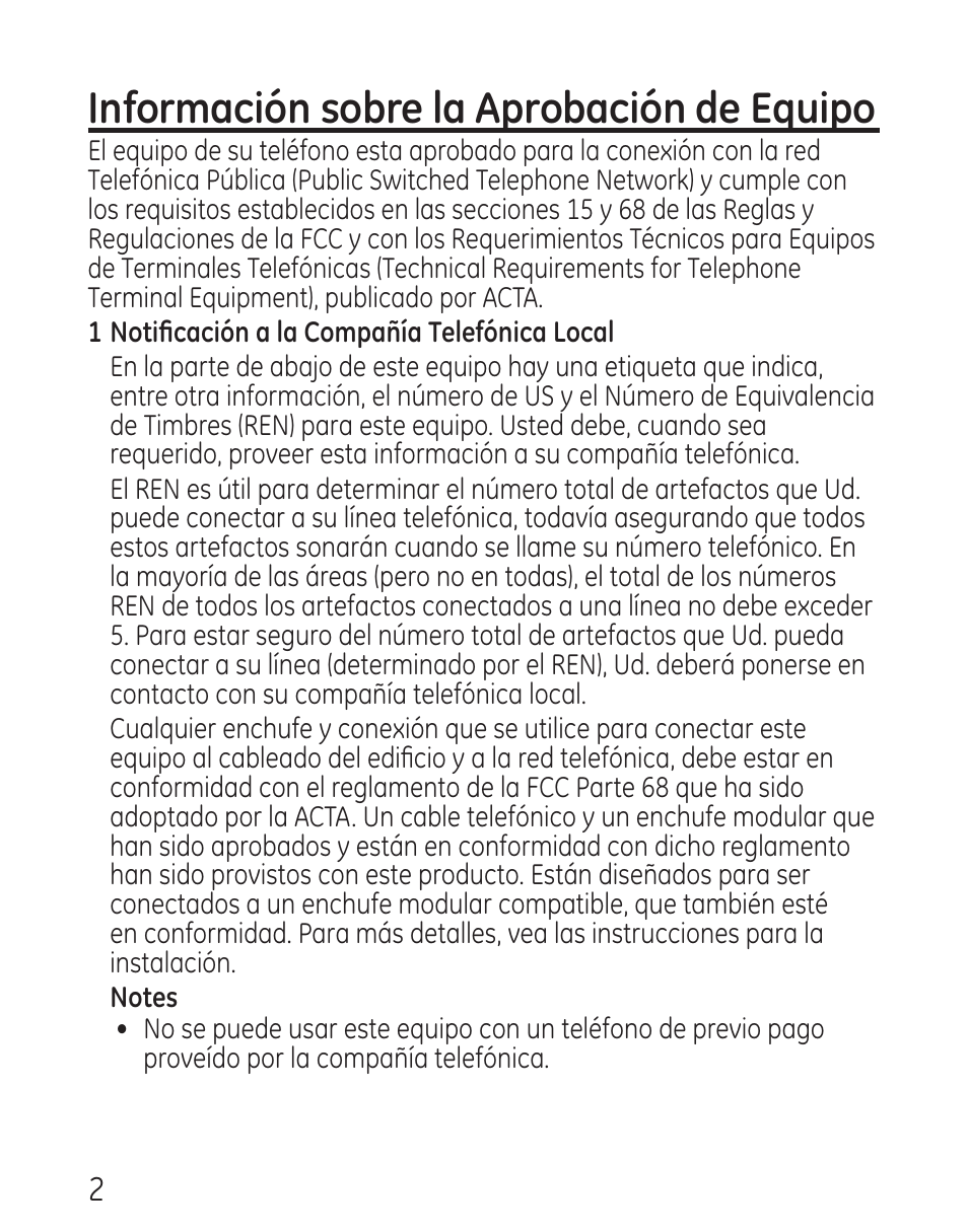 Información sobre la aprobación de equipo | GE 9579 User Manual | Page 50 / 96