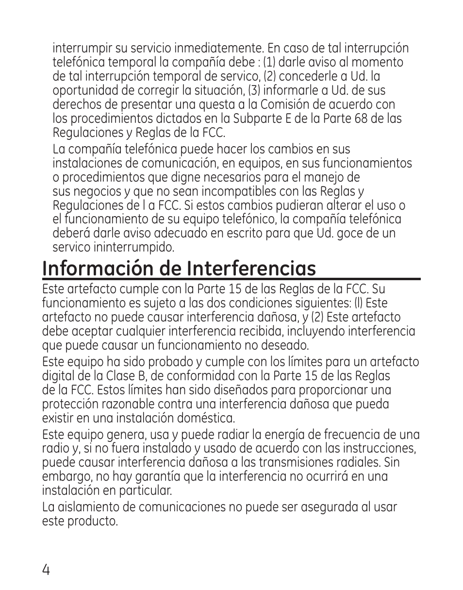 Información de interferencias | GE 9579 User Manual | Page 52 / 96