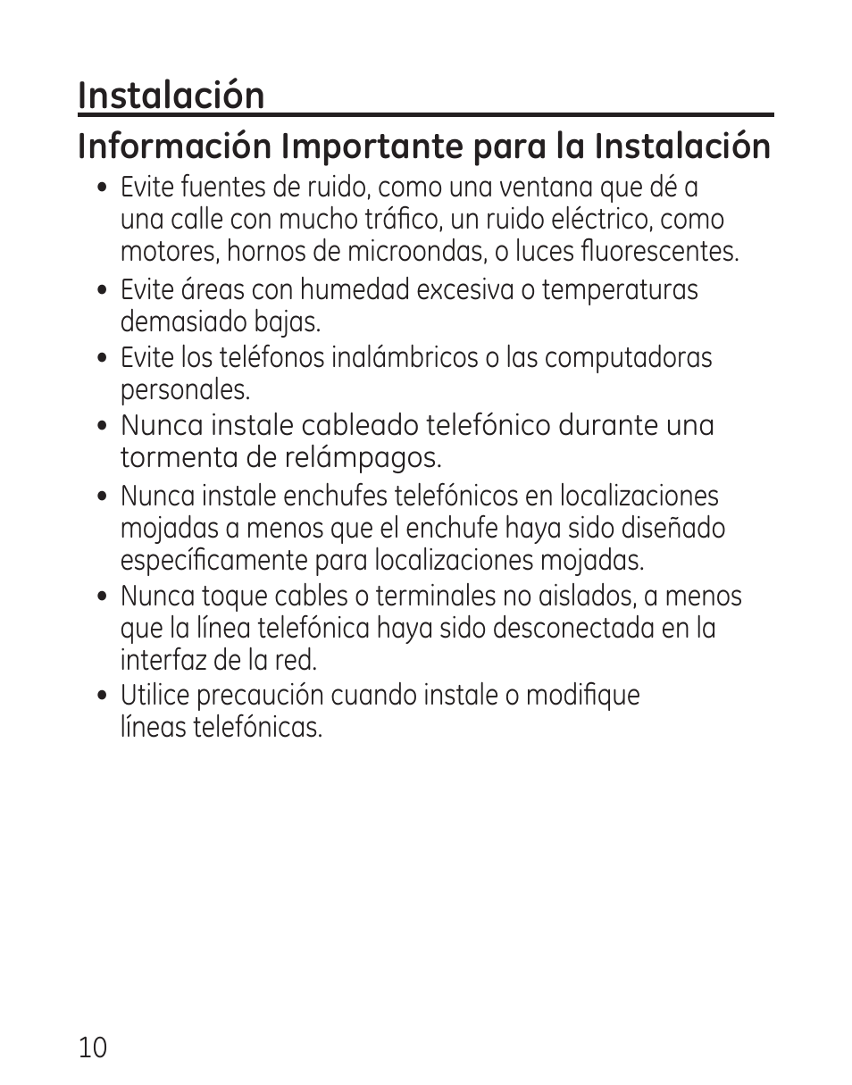 Instalación, Información importante para la instalación | GE 9579 User Manual | Page 58 / 96