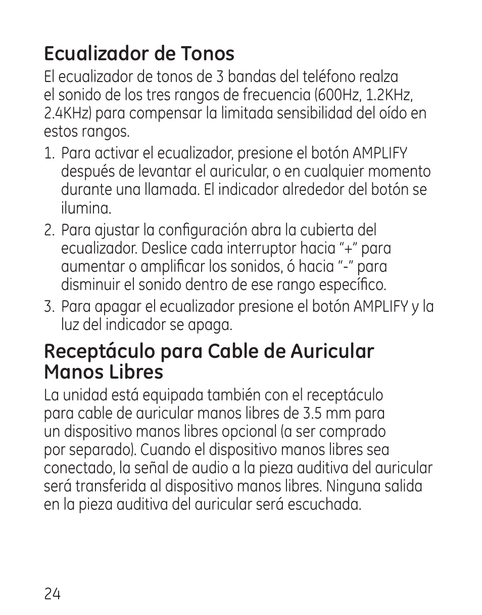 Ecualizador de tonos, Receptáculo para cable de auricular manos libres | GE 9579 User Manual | Page 72 / 96