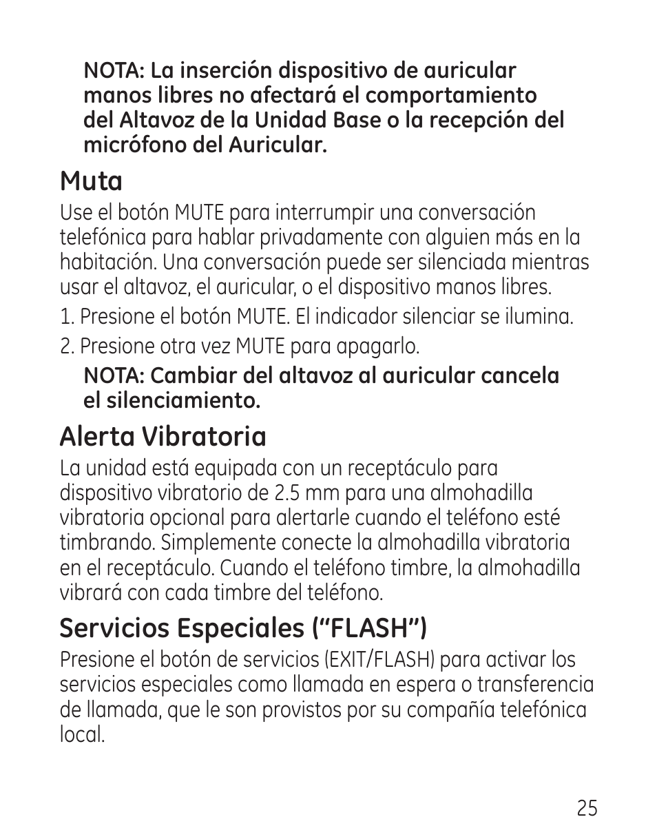 Muta, Alerta vibratoria, Servicios especiales (“flash”) | GE 9579 User Manual | Page 73 / 96