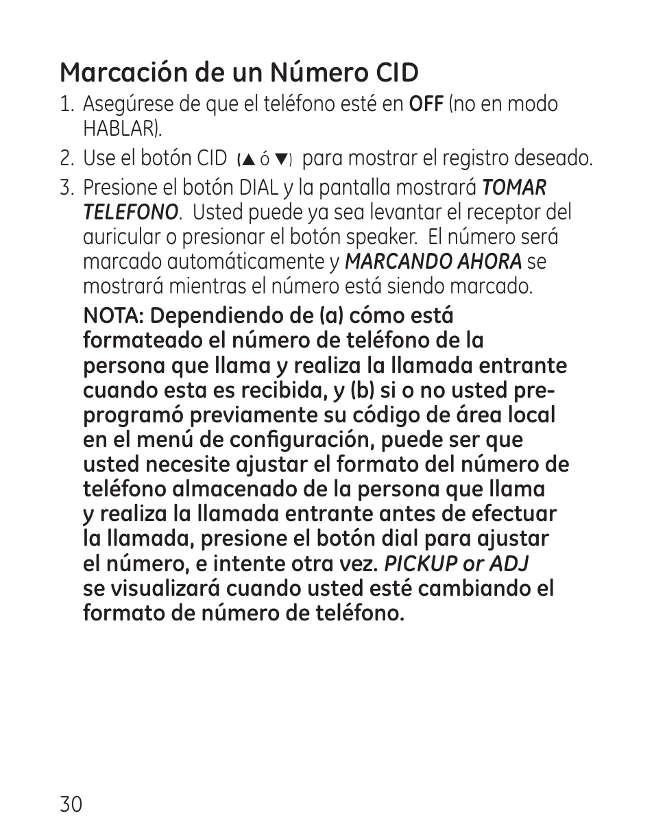 Marcación de un número cid | GE 9579 User Manual | Page 78 / 96