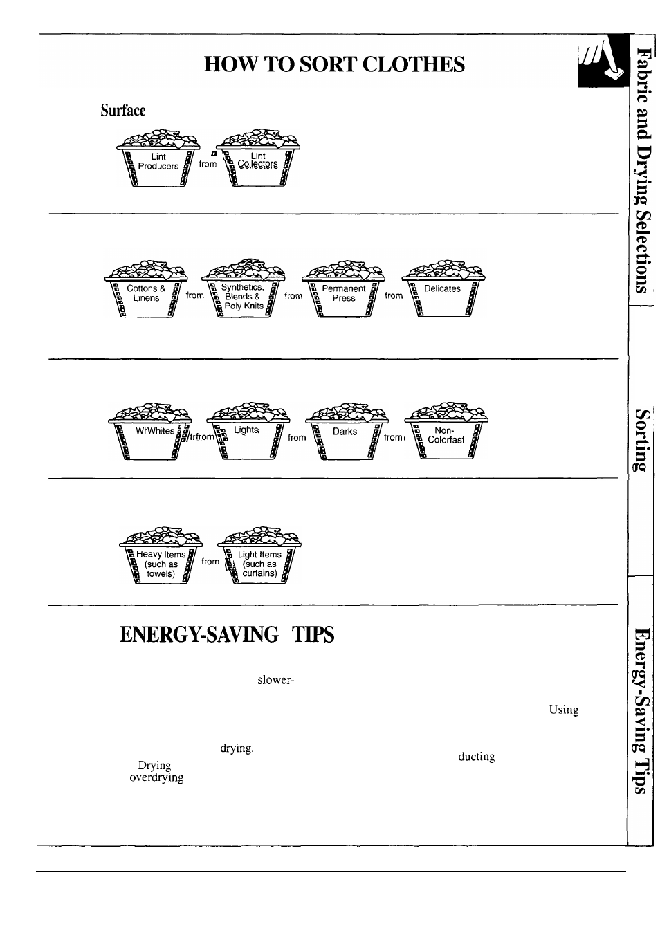 For your dryer, Sort by texture, Sort by | Sort, Sort by fabric, Color, By weight | GE WSM2420S User Manual | Page 17 / 28