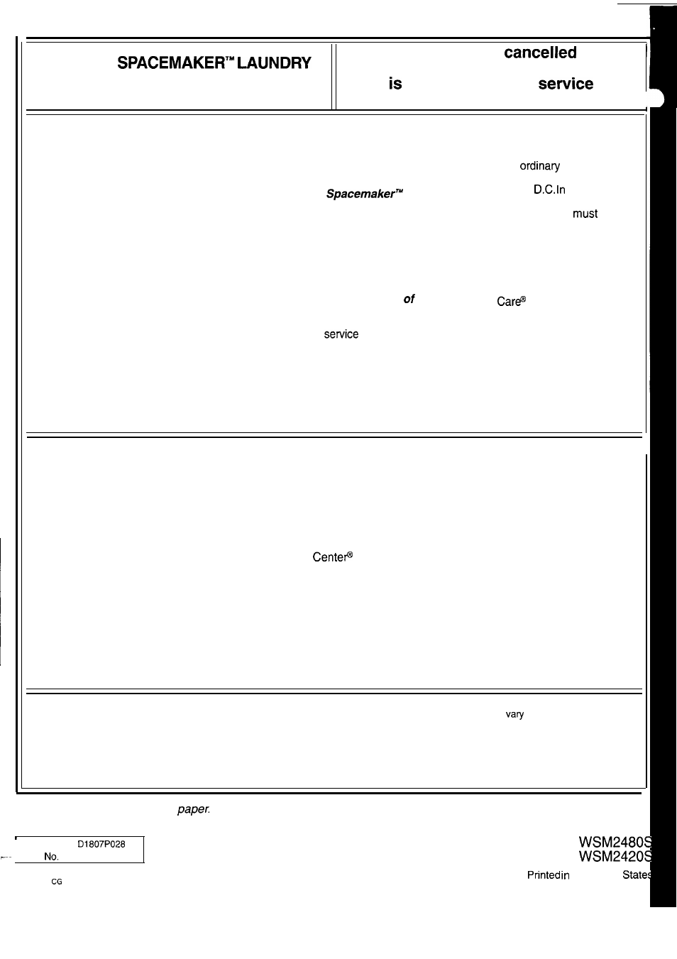 Cover, Warranty, Staple | Needed to obtain under warranty. what is covered, What is not covered | GE WSM2420S User Manual | Page 28 / 28