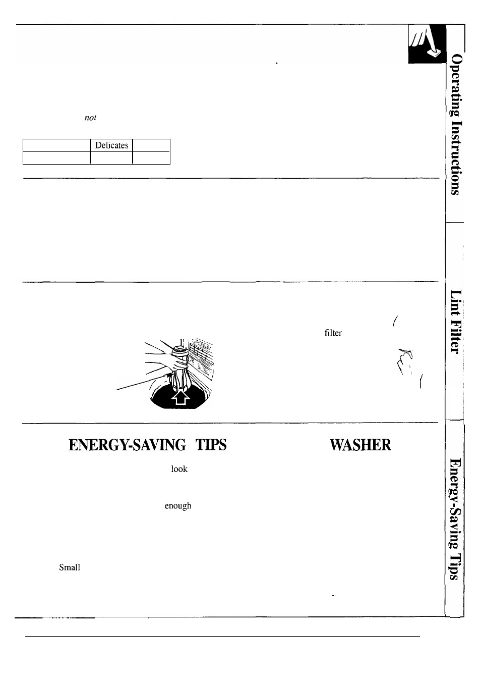 Agitator, Control, Cycle descriptions | Cycle, Energy-saving tips, Fabric and cycle settings, Lint, Soak, For your, Sorting and loading | GE WSM2420S User Manual | Page 7 / 28