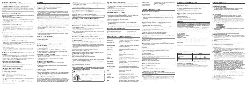 Headset and belt clip operation, Changing the battery, General product care | Handset sound signals, Display and caller id messages, Troubleshooting guide, Causes of poor reception, Service, Limited warranty, Accessory information | GE 00003168 User Manual | Page 2 / 2