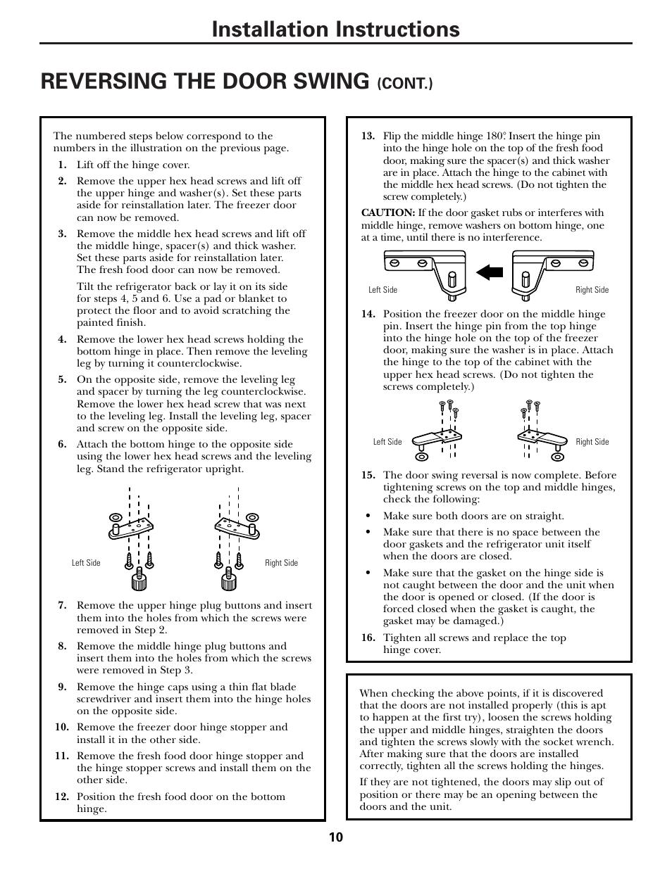 Installation instructions reversing the door swing, Cont.) | GE 10 User Manual | Page 10 / 16