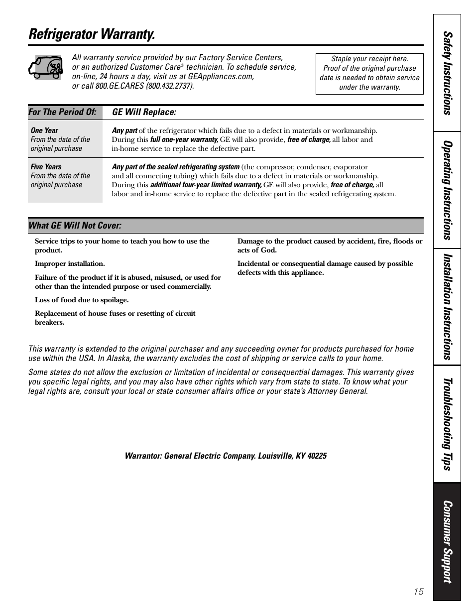 Warranty, Refrigerator warranty | GE 10 User Manual | Page 15 / 16
