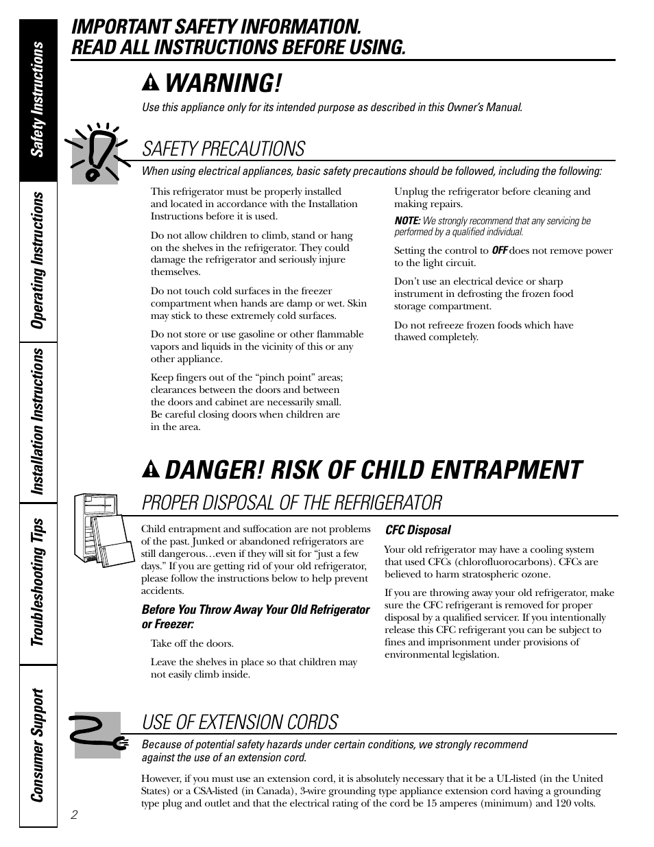 Safety instructions, Warning, Danger! risk of child entrapment | Safety precautions, Proper disposal of the refrigerator, Use of extension cords | GE 10 User Manual | Page 2 / 16