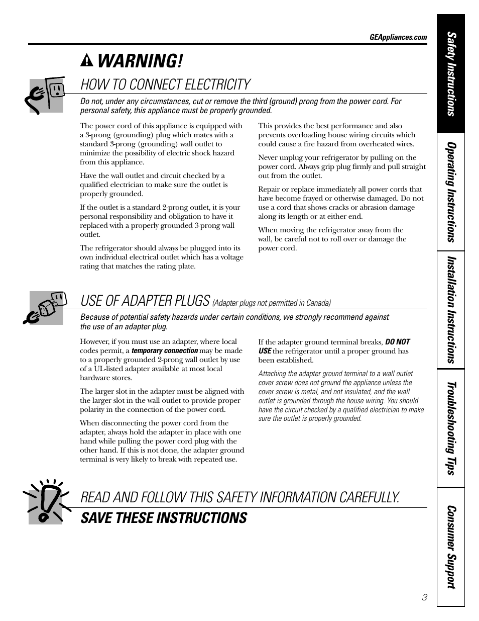 Warning, How to connect electricity, Use of adapter plugs | GE 10 User Manual | Page 3 / 16