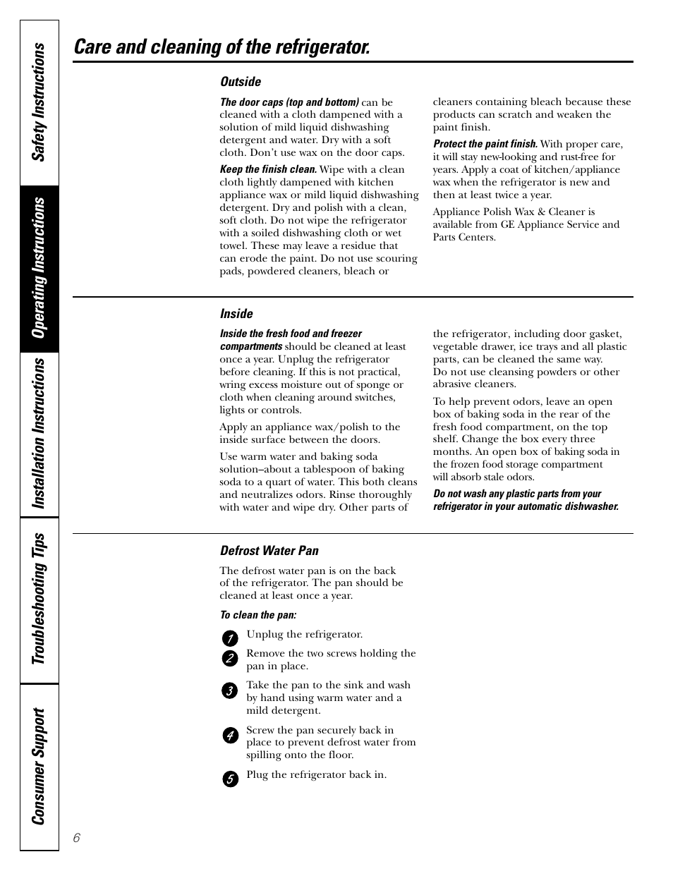 Care and cleaning, Defrost water pan, Care and cleaning , 7 | Care and cleaning of the refrigerator | GE 10 User Manual | Page 6 / 16