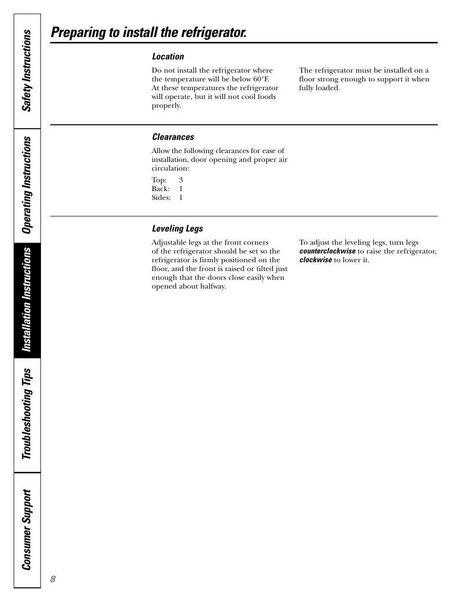 Preparing to install the refrigerator | GE 10 User Manual | Page 8 / 16