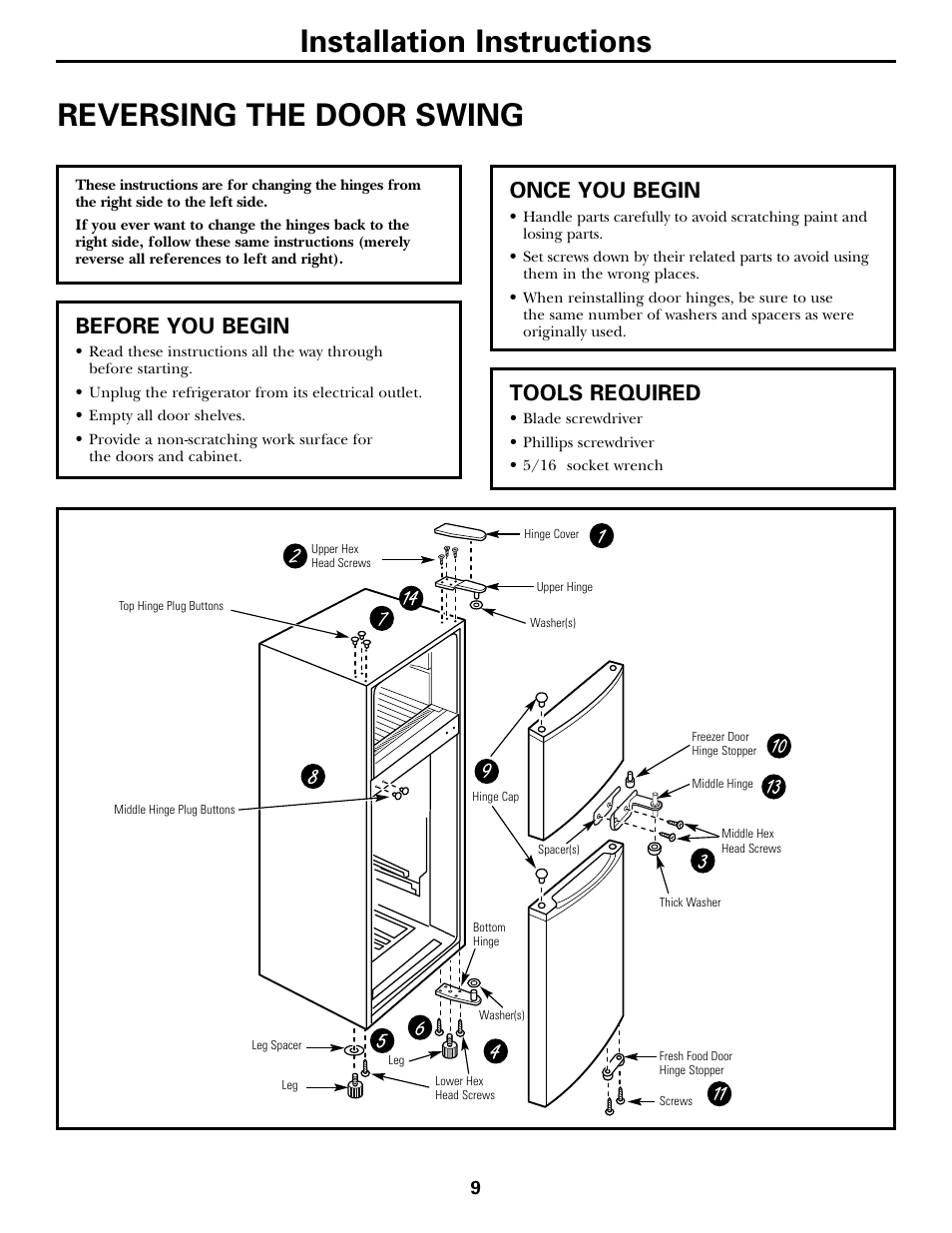 Reversing the door swing, Reversing the door swing , 10, Installation instructions reversing the door swing | Before you begin, Once you begin, Tools required | GE 10 User Manual | Page 9 / 16