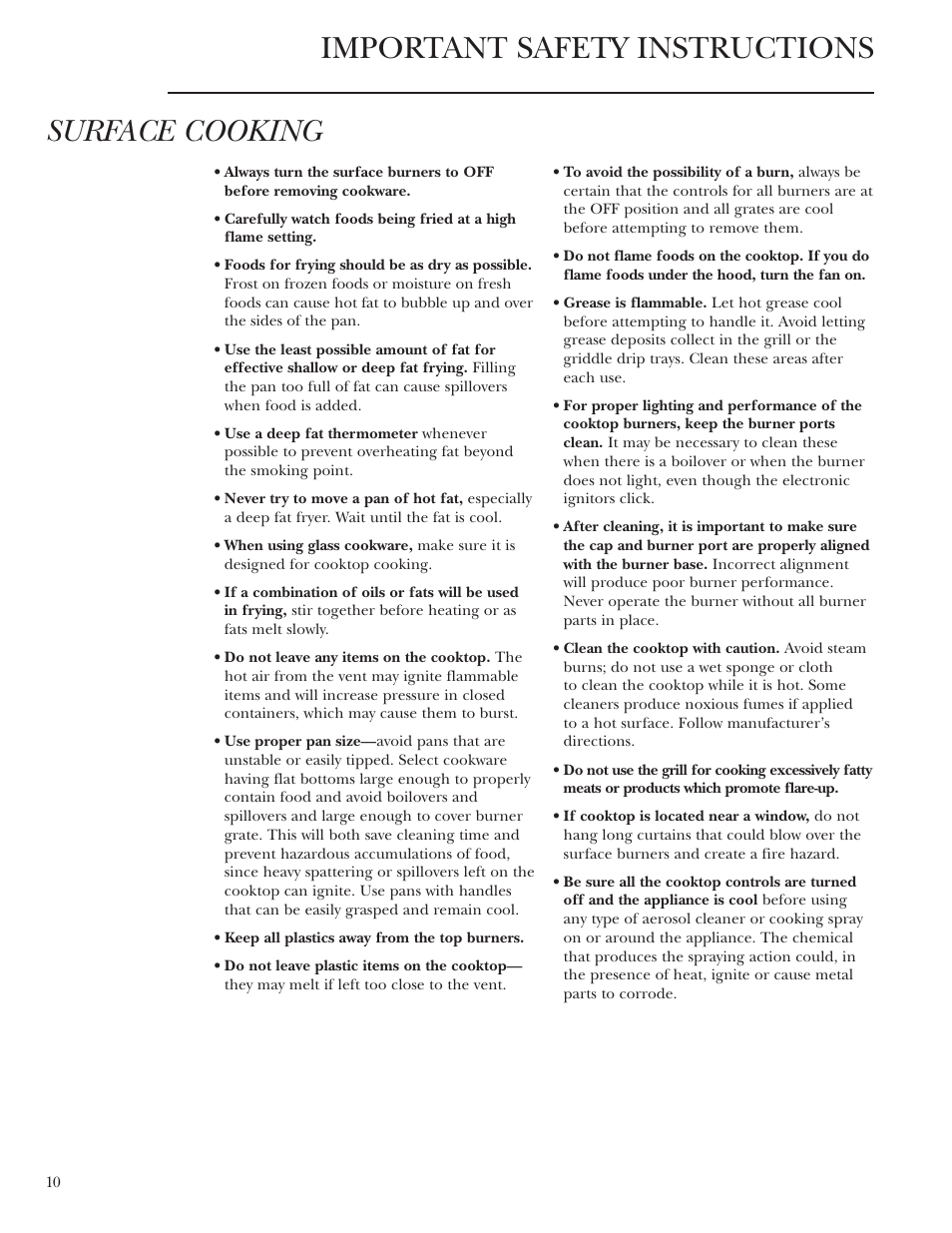 Important safety instructions surface cooking | GE ZGU48N4G User Manual | Page 10 / 28