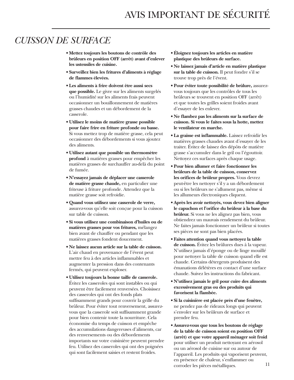 Avis important de sécurité cuisson de surface | GE ZGU48N4G User Manual | Page 11 / 28